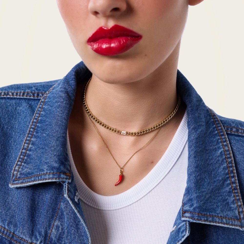Gold Necklace with Red Chili Pepper Pendant